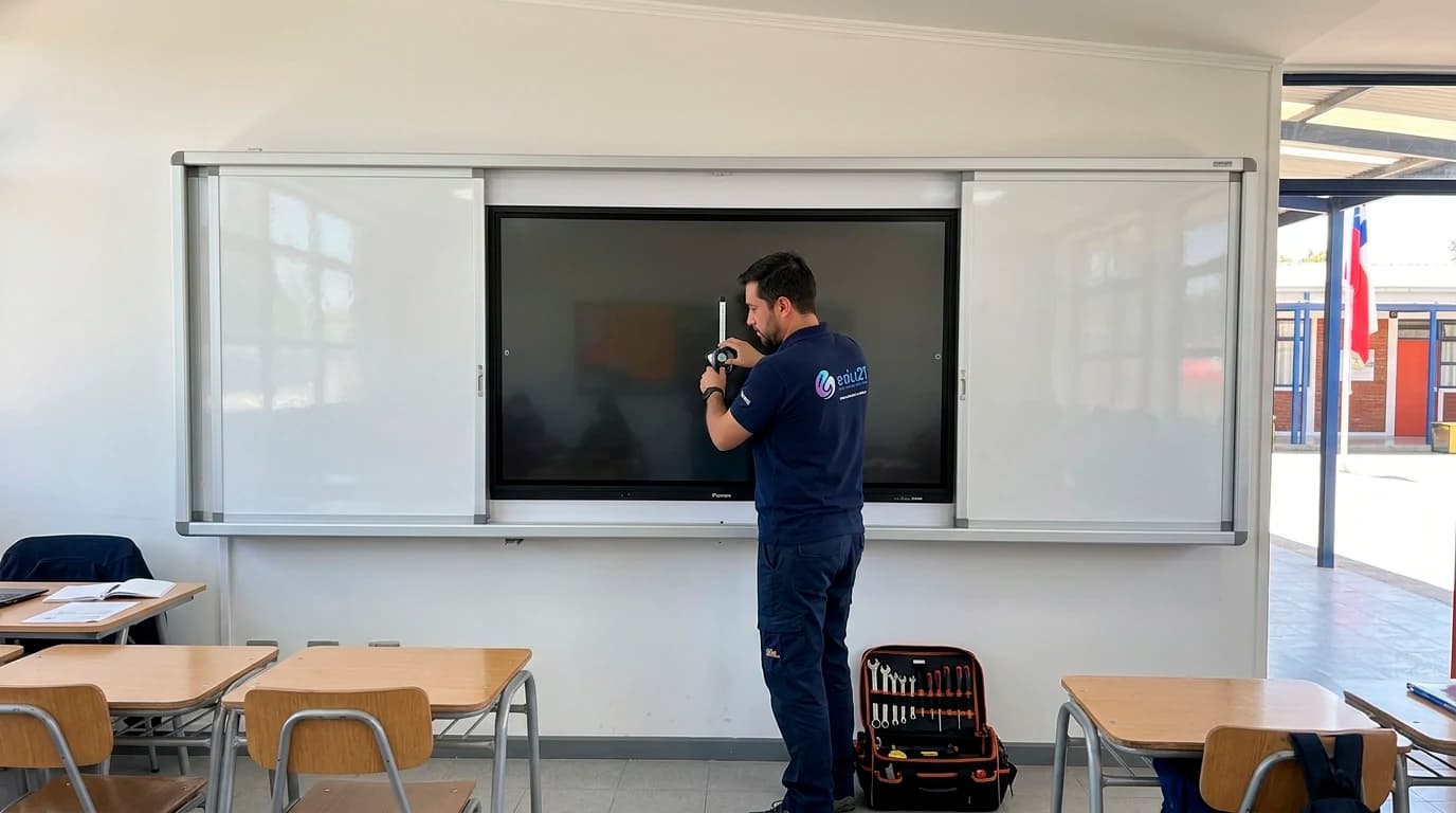 Técnico de EDU21 instalando y calibrando una Pizarra Protectora EDU21 con pantalla interactiva 4K en una sala de clases