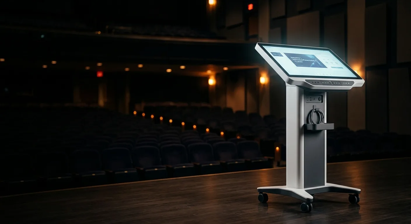 Podio interactivo móvil con pantalla táctil sobre el escenario de un auditorio