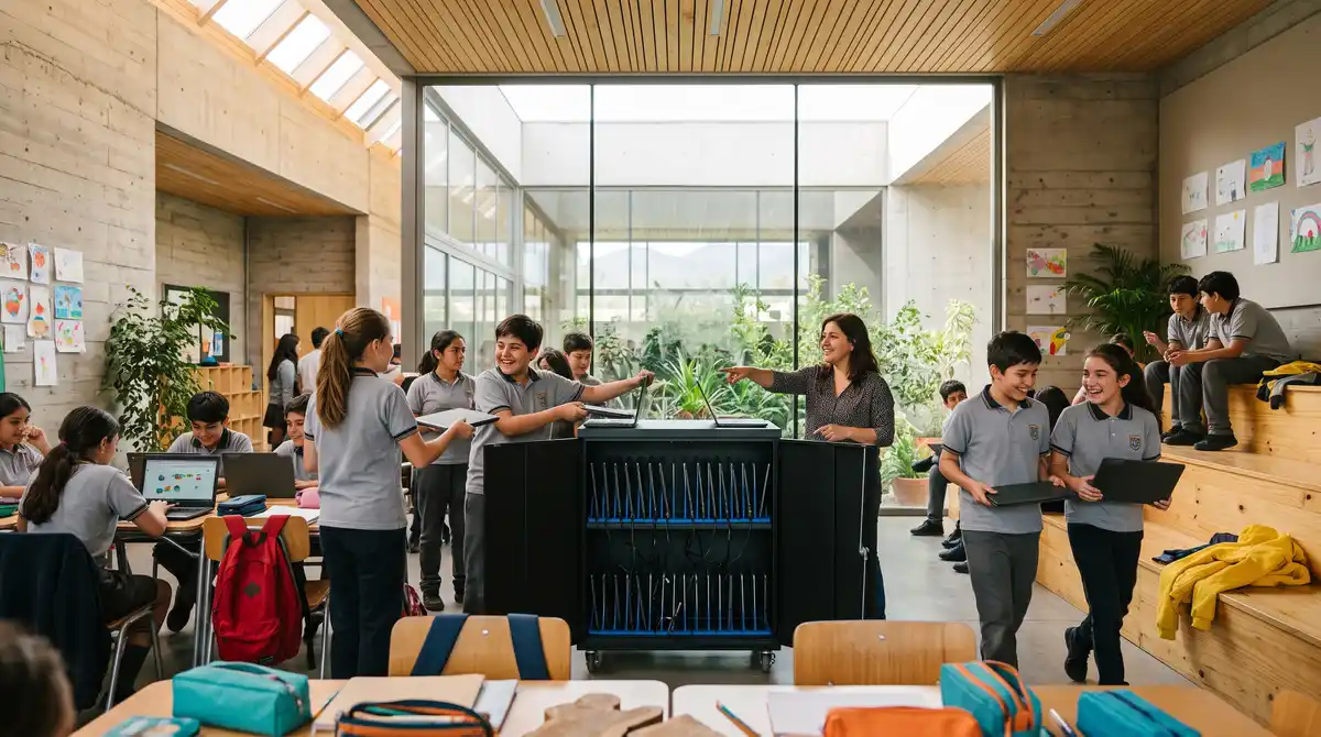 Sala de clases con el carro de laboratorio móvil abierto y estudiantes retirando sus equipos