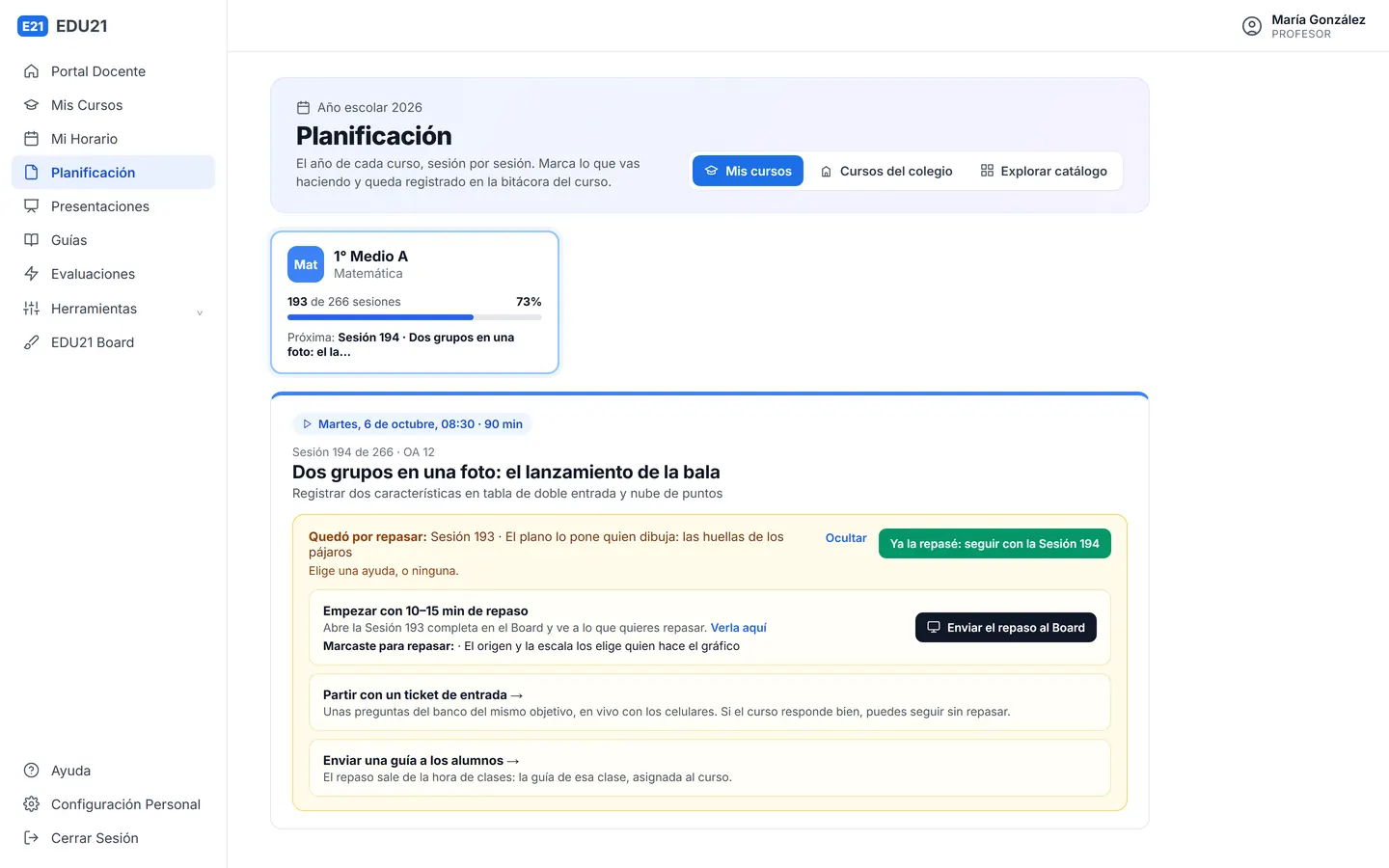 OA Labs: la planificación del año de un curso, sesión por sesión, con su avance