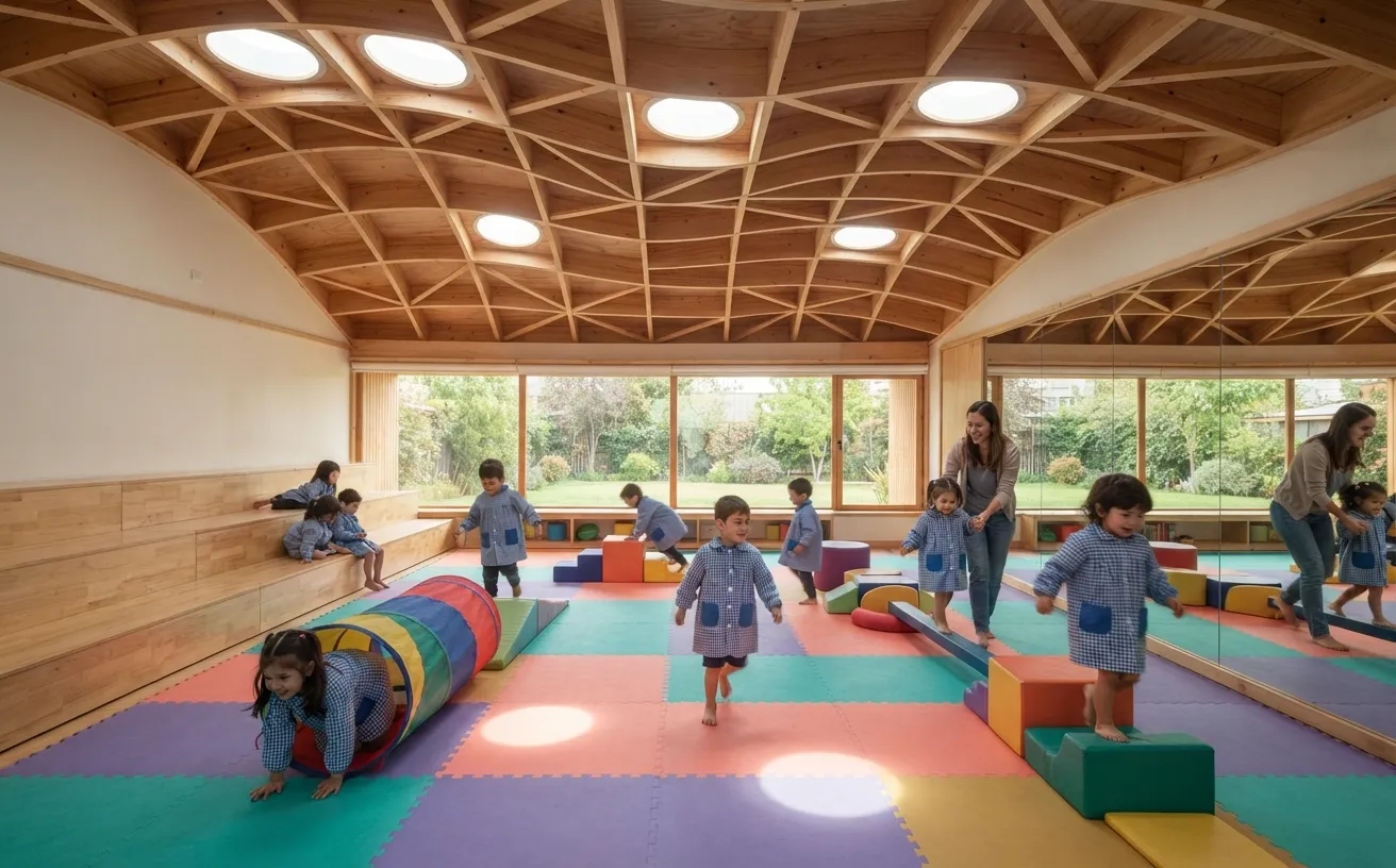 Niños y educadoras en una sala de psicomotricidad con piso de goma EVA, módulos de espuma y túneles