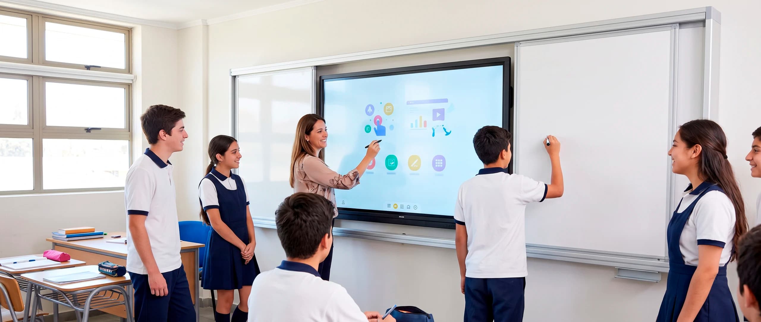 Profesora y alumnos en la pizarra interactiva EDU21