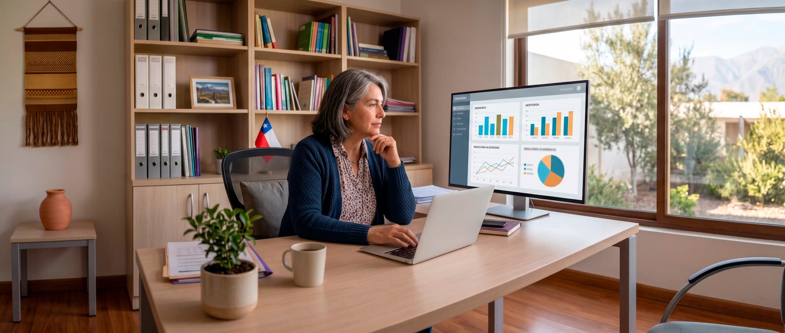 Directora revisando datos de gestión de su colegio en EDU21