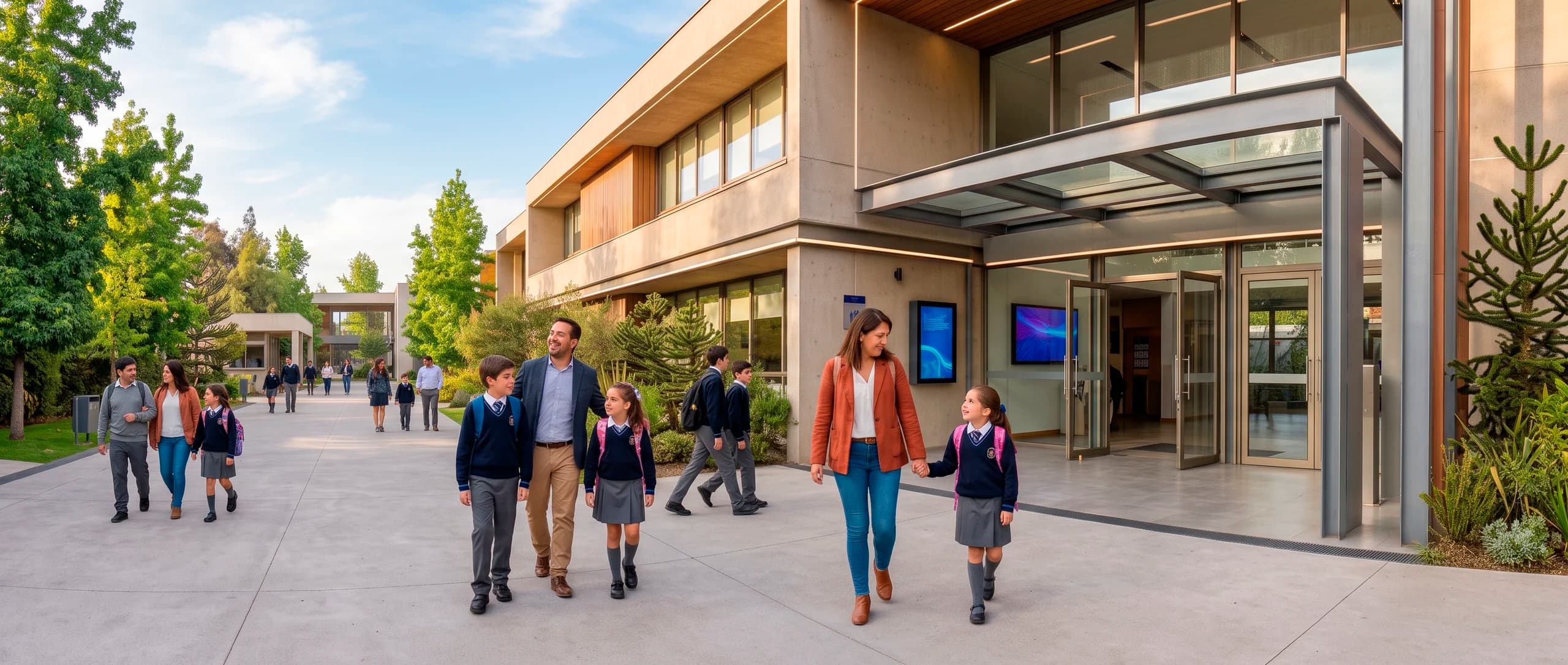 Familias eligiendo un colegio moderno que comunica bien