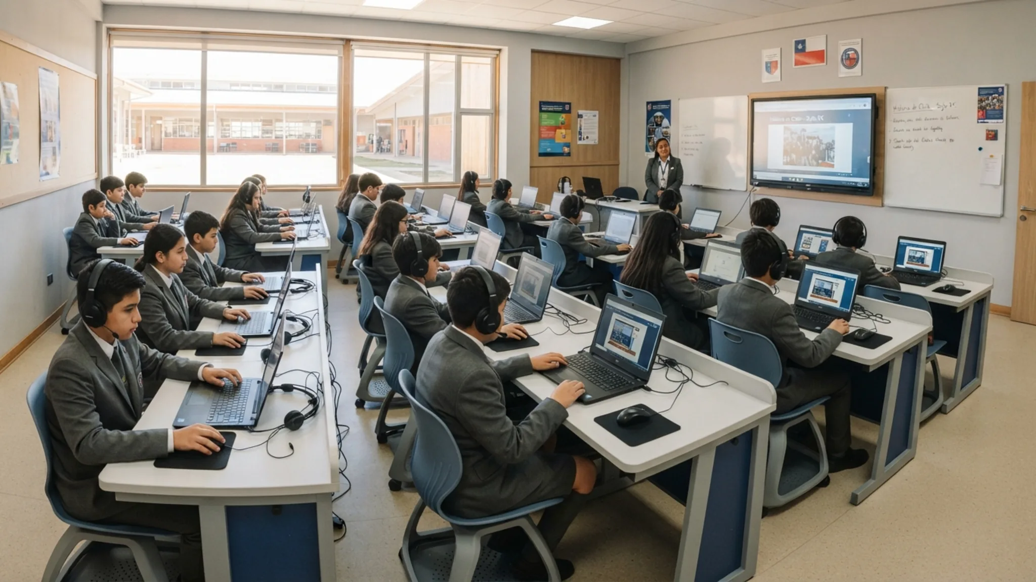 Estudiantes de uniforme trabajando en notebooks en un laboratorio de computación escolar mientras el profesor asiste a uno de ellos