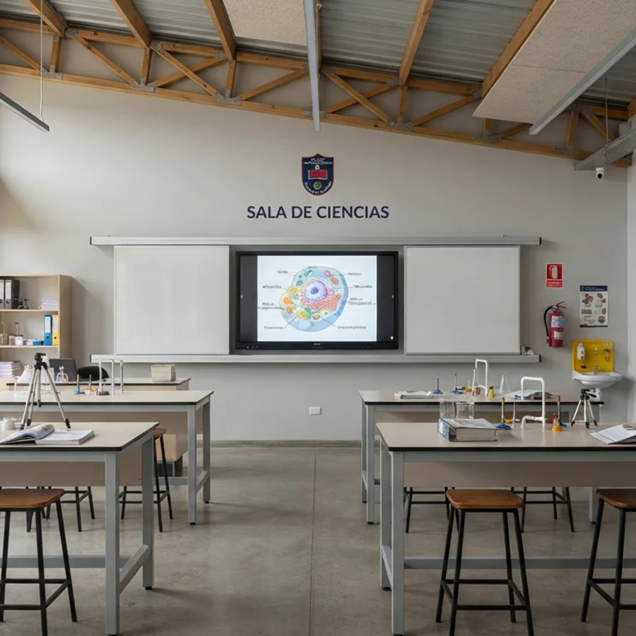 Sala de ciencias con pantalla interactiva y pizarra protectora deslizante EDU21