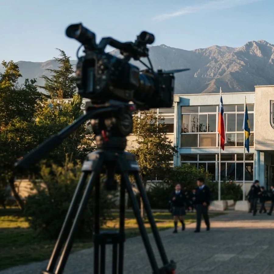 Cámara de video grabando la fachada de un colegio