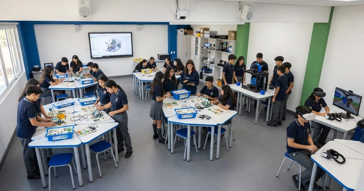Sala de ciencias escolar equipada por EDU21, con mesones de trabajo y mobiliario para trabajo en grupo