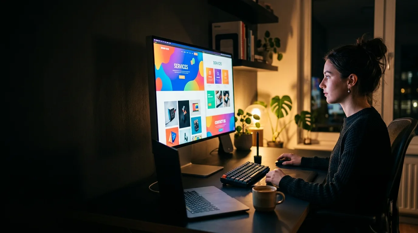 Diseñadora trabajando en el sitio web de un colegio, con la maqueta de la portada en pantalla