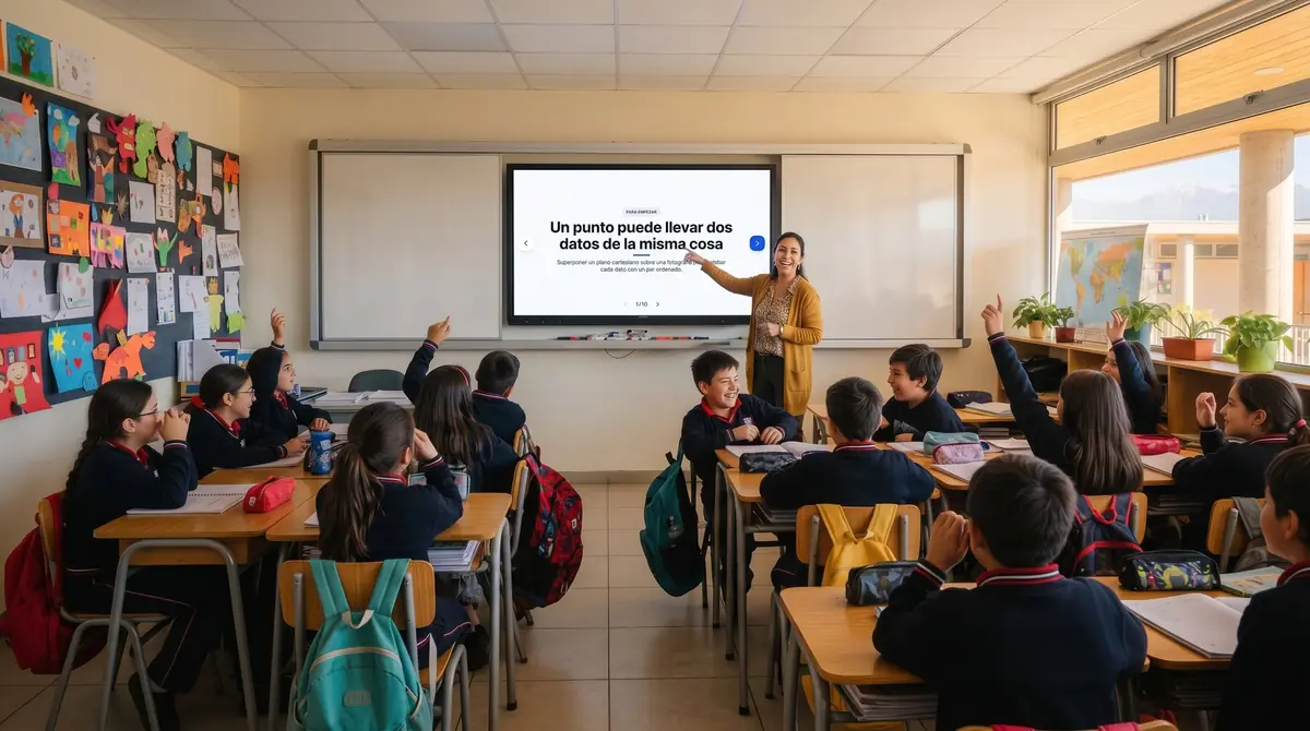 Docente mostrando en la pantalla interactiva de la sala una presentación de EDU21 Board mientras los estudiantes levantan la mano