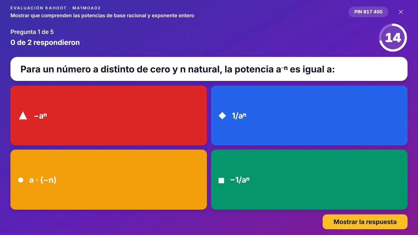 EDU21 Board: una pregunta de potencias con cuatro alternativas de colores, el PIN del juego y el tiempo que queda