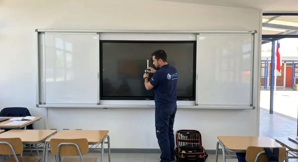 Técnico de EDU21 instalando la pizarra GuardCase alrededor de la pantalla de una sala