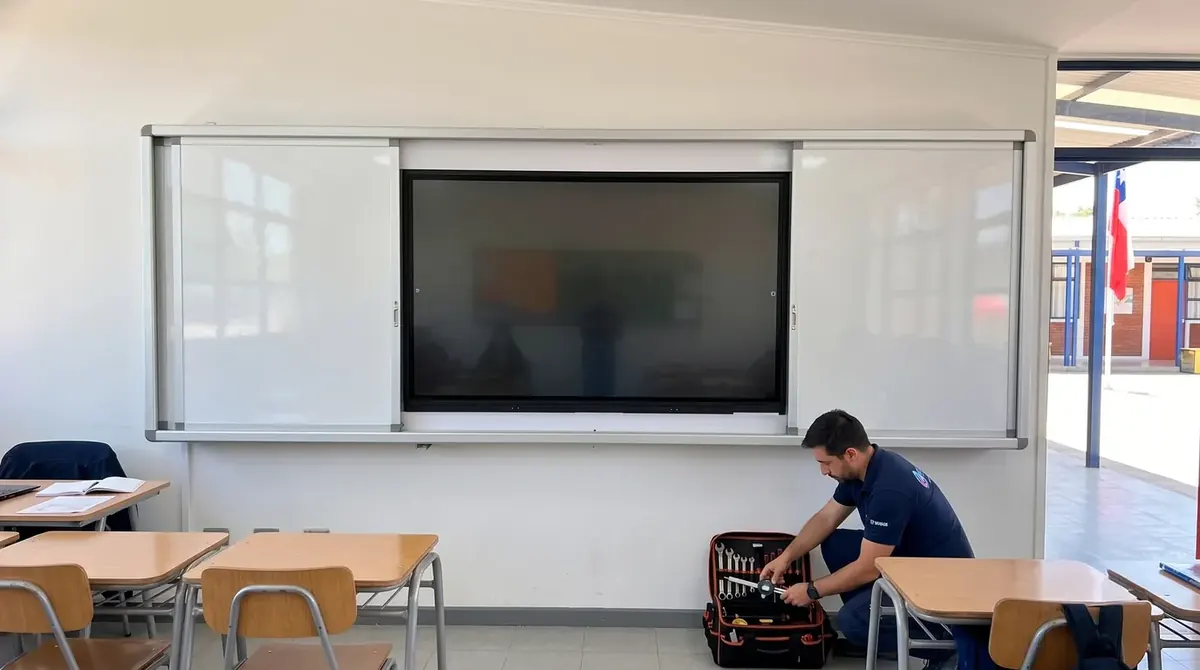 Técnico de EDU21 con su caja de herramientas junto a una pizarra GuardCase instalada