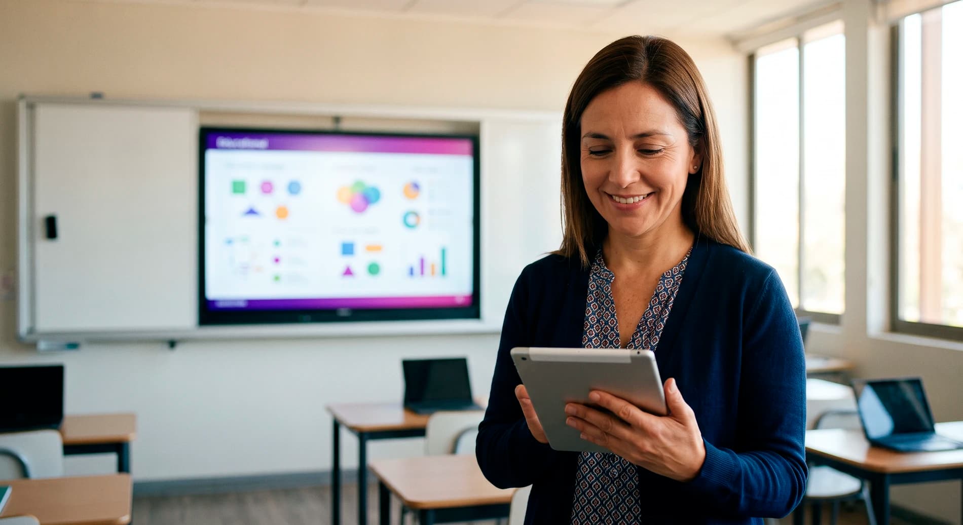 Profesora usando la plataforma EDU21 en un tablet frente a la pantalla de su sala