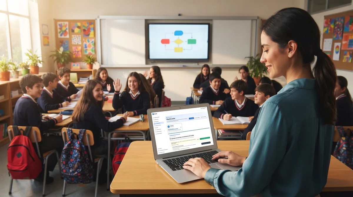 Docente suplente revisando en su notebook la planificación del curso, frente a una sala con estudiantes