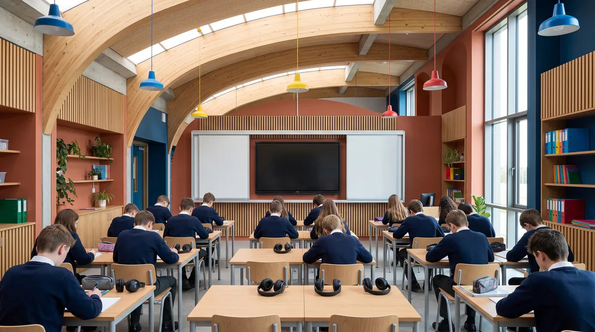 Estudiantes rindiendo una prueba escrita en la sala de clases