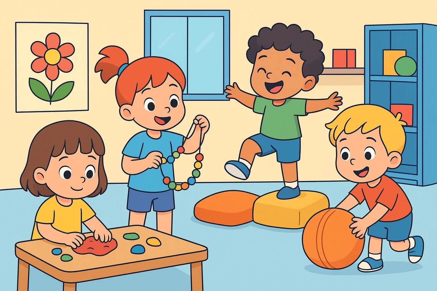 Niños practicando ejercicios de coordinación y equilibrio en actividades grupales
