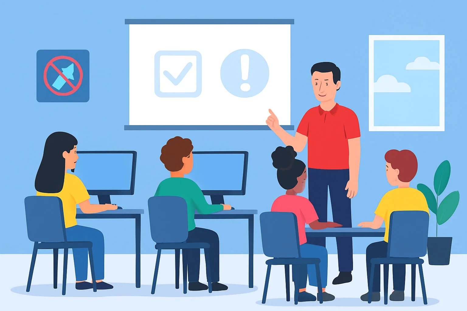 Estudiantes siguiendo normas de convivencia en sala de informática - EDU21