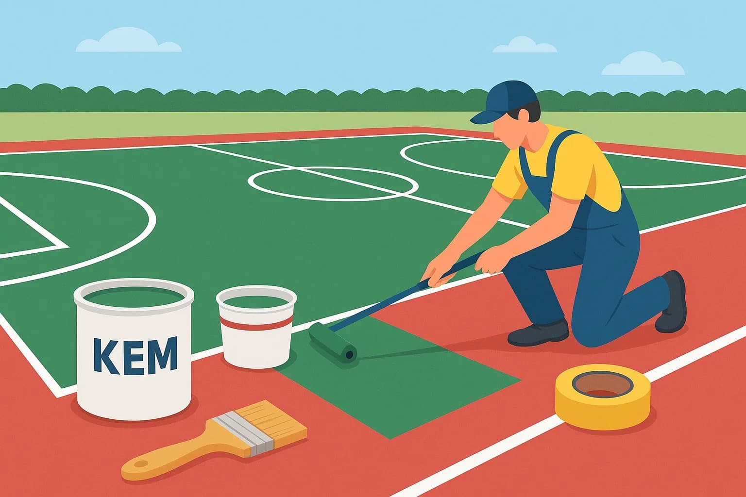 Proceso de aplicación de pintura en cancha deportiva