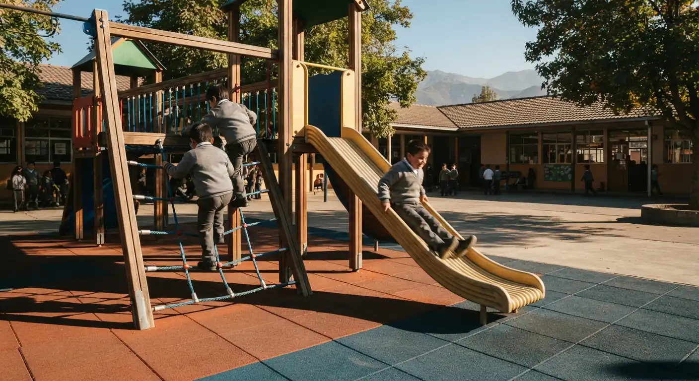 Patio de colegio con juego modular de madera y tobogán sobre piso de caucho amortiguante, con niños jugando en el recreo