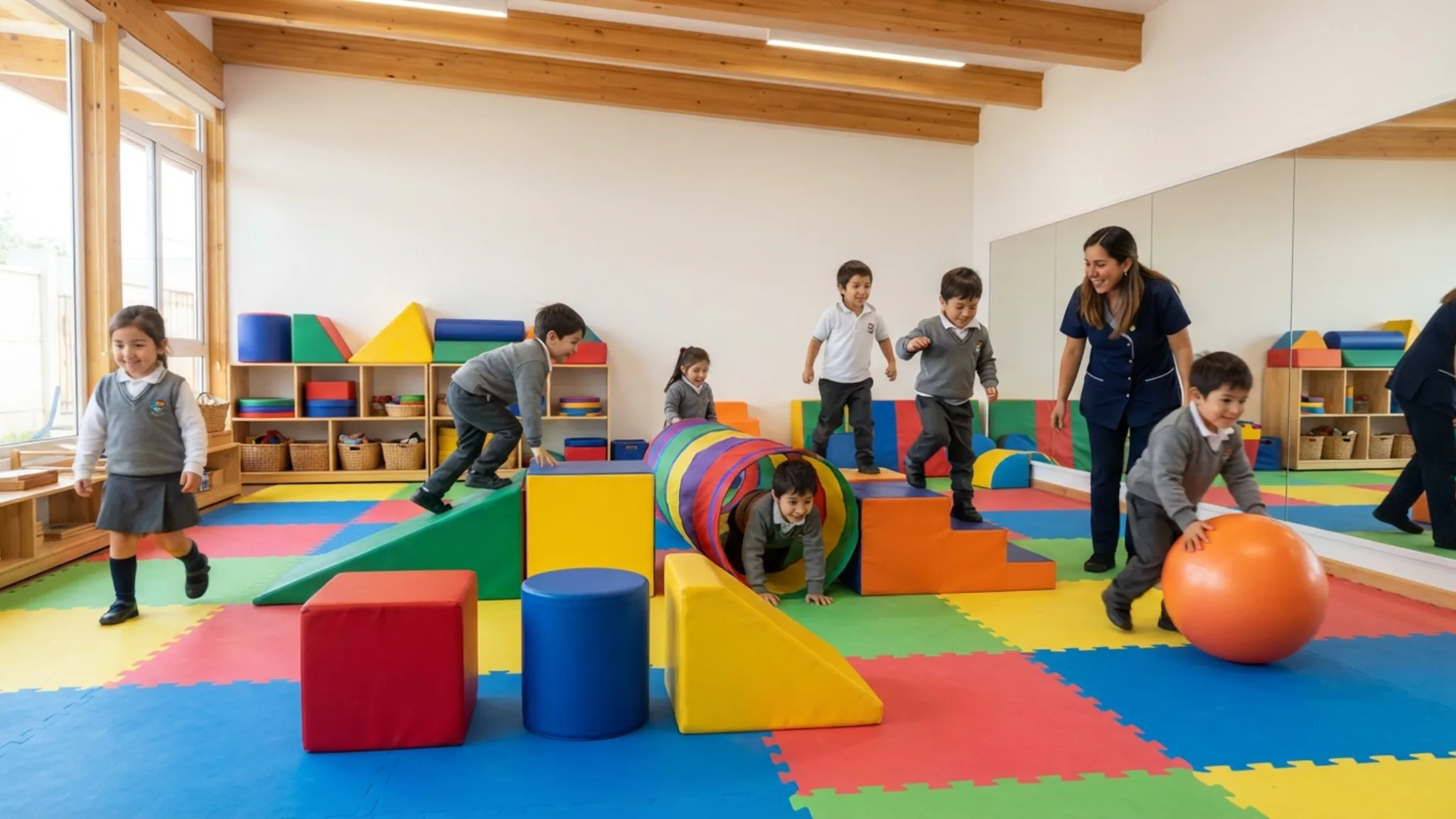 Sala de psicomotricidad con piso de goma EVA azul y verde, colchonetas apiladas, rampa baja de madera, espejo de muro y estantería con pelotas y aros de colores