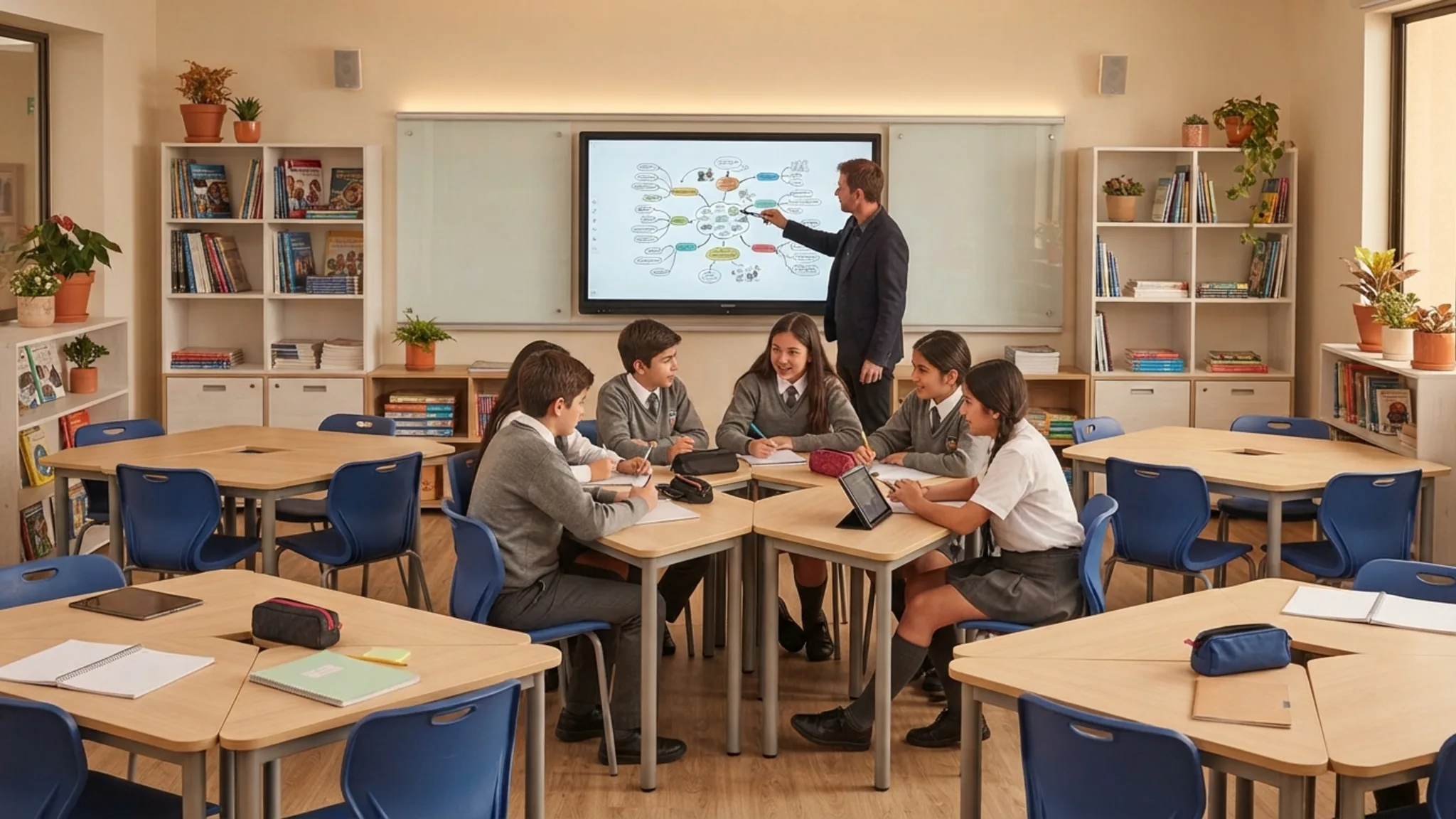 Biblioteca escolar CRA con estanterías bajas de madera, mesas grupales con sillas naranjas, sillones blandos y zona de lectura alfombrada
