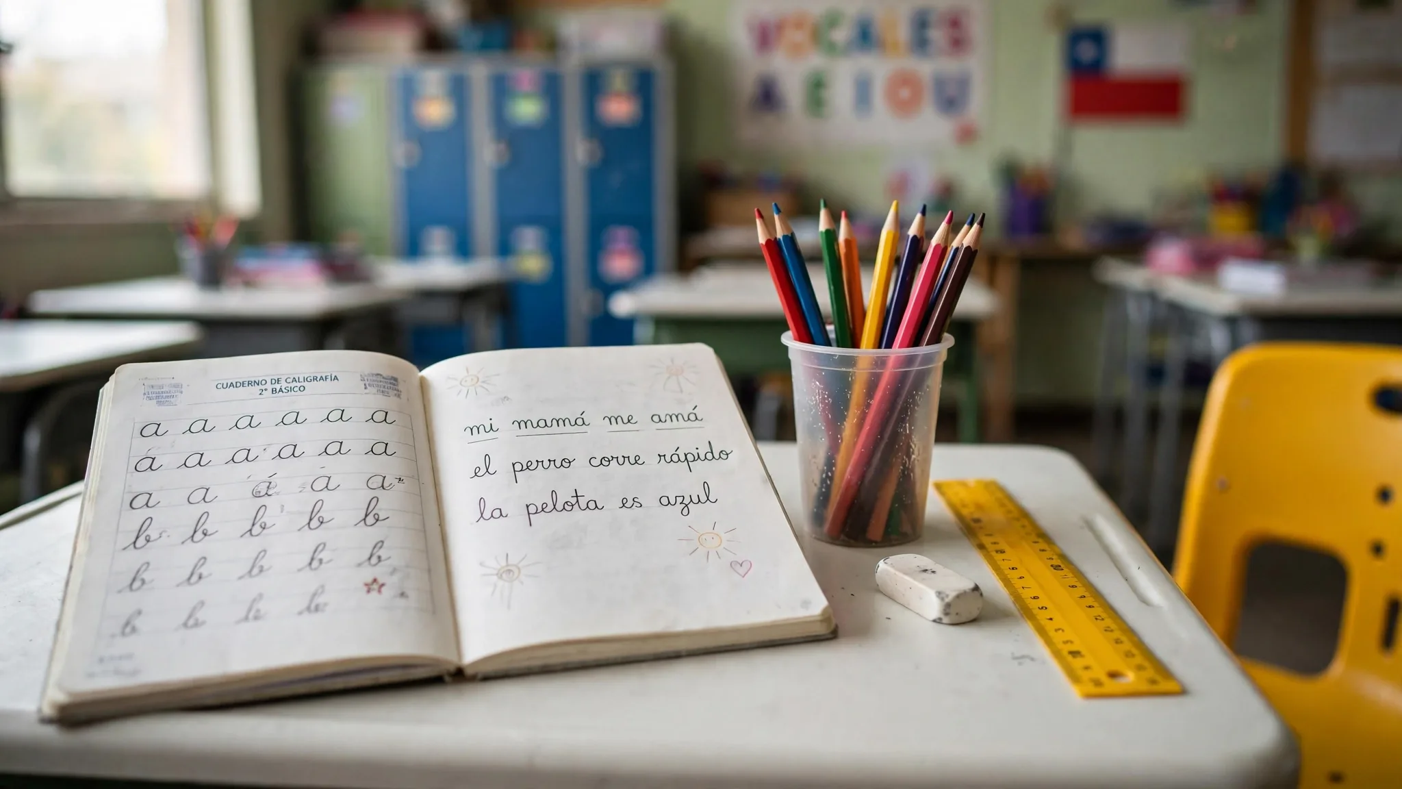 Pupitre de enseñanza básica con cuaderno de caligrafía abierto, lápices de colores en un vaso y regla junto a una silla escolar