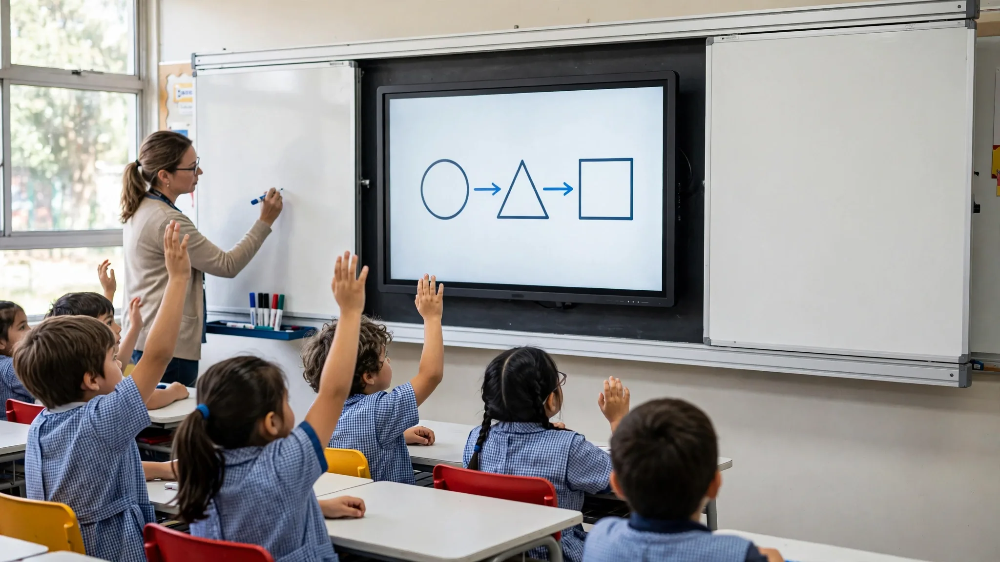 Estudiantes de enseñanza básica con delantal cuadrillé levantando la mano en sus pupitres mientras la profesora escribe en la pizarra deslizante