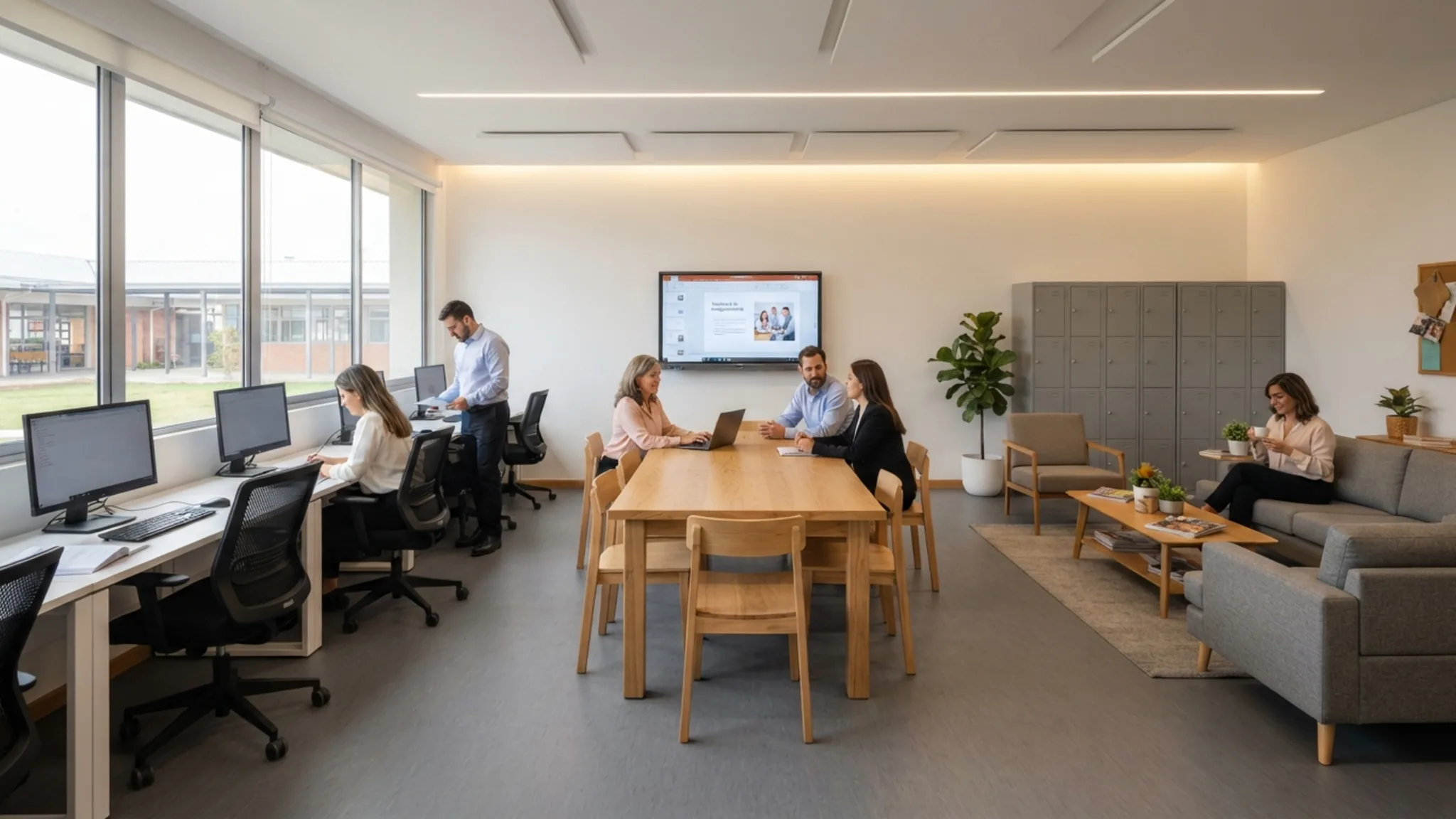 Sala de profesores con mesa de reuniones larga de madera, sillas de oficina negras, casilleros metálicos numerados y kitchenette con hervidor y microondas