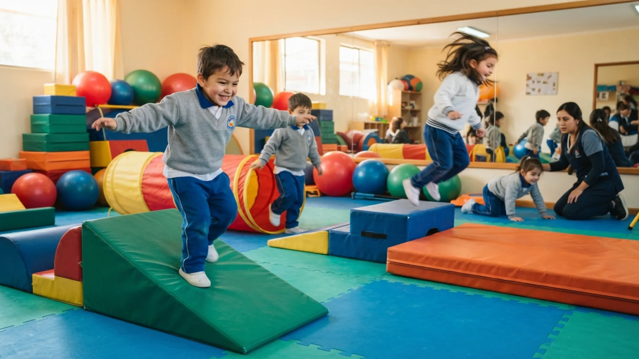 Niños de educación parvularia gateando bajo un túnel de tela de colores en una sala de psicomotricidad mientras la educadora los anima al final del recorrido