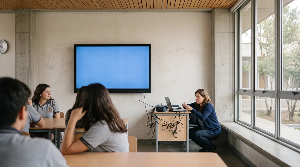 Una docente agachada junto al escritorio desenreda cables de un notebook y un parlante, con la pantalla de la sala encendida en azul y sus estudiantes esperando