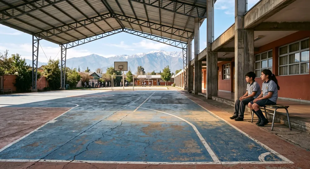 Multicancha techada de un colegio con el piso agrietado y las líneas casi borradas; dos estudiantes la miran desde una banca