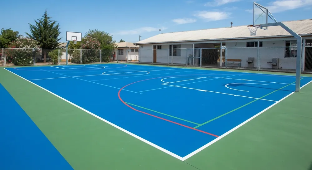 Multicancha escolar renovada: superficie azul con borde verde y líneas nuevas de varios deportes