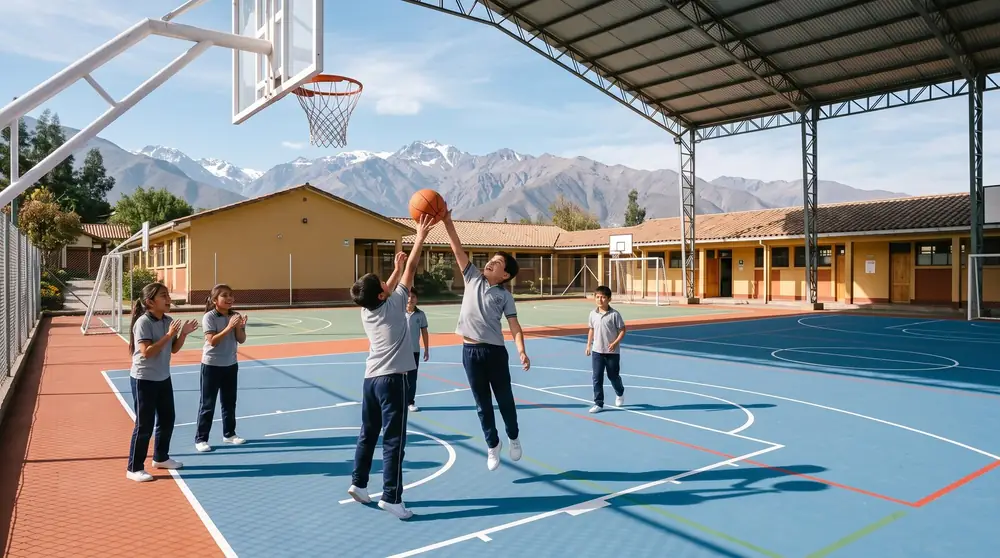 Multicancha escolar recién pintada en azul y terracota, con líneas de varios deportes; estudiantes juegan básquetbol y dos compañeras aplauden