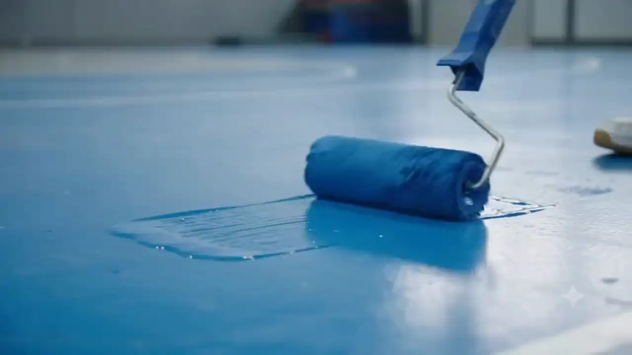 Rodillo aplicando pintura azul sobre el piso de una cancha techada