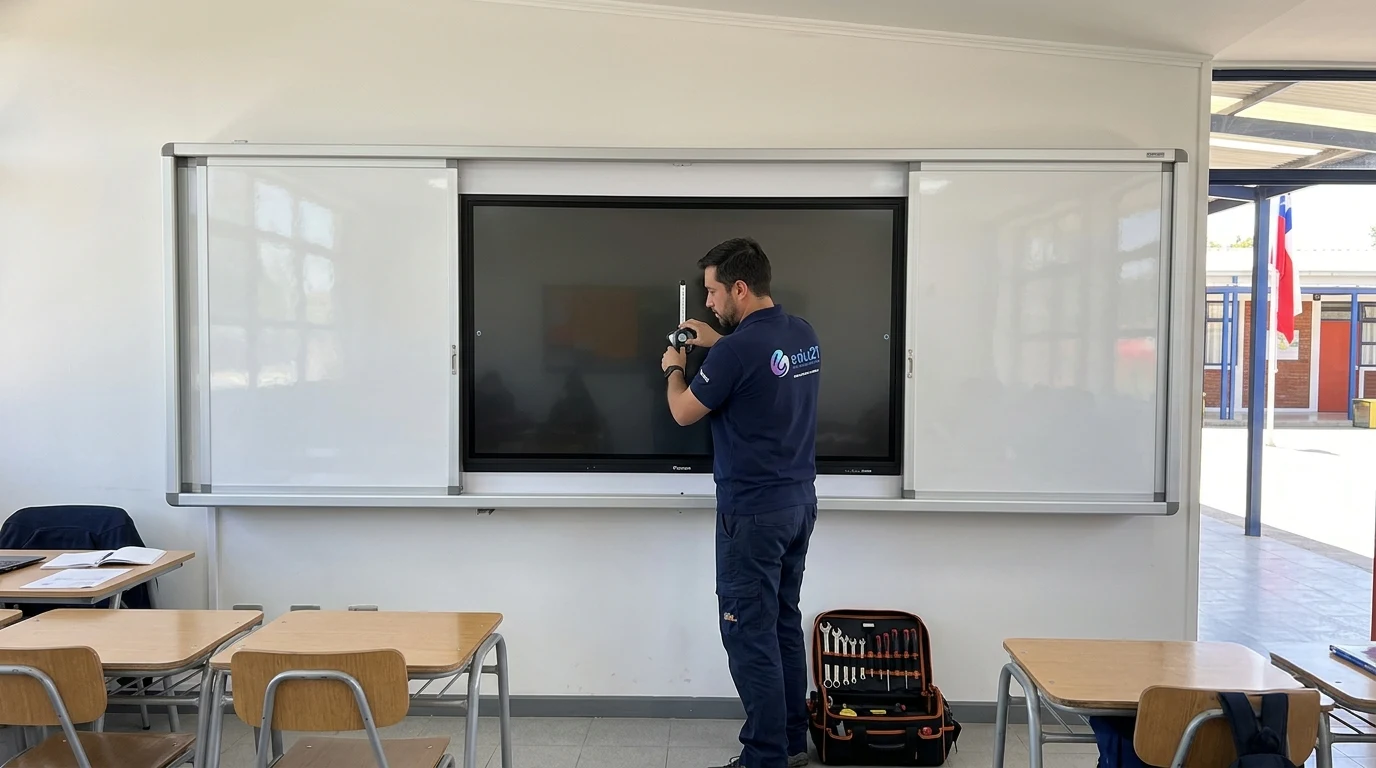 Técnico de EDU21 instalando una pizarra protectora deslizante sobre la pantalla interactiva de una sala de clases