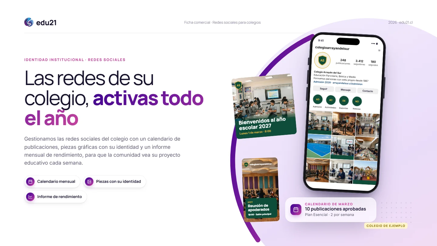 Plana 1 de la ficha de Redes sociales para colegios: Portada. Las redes de su colegio, activas todo el año.