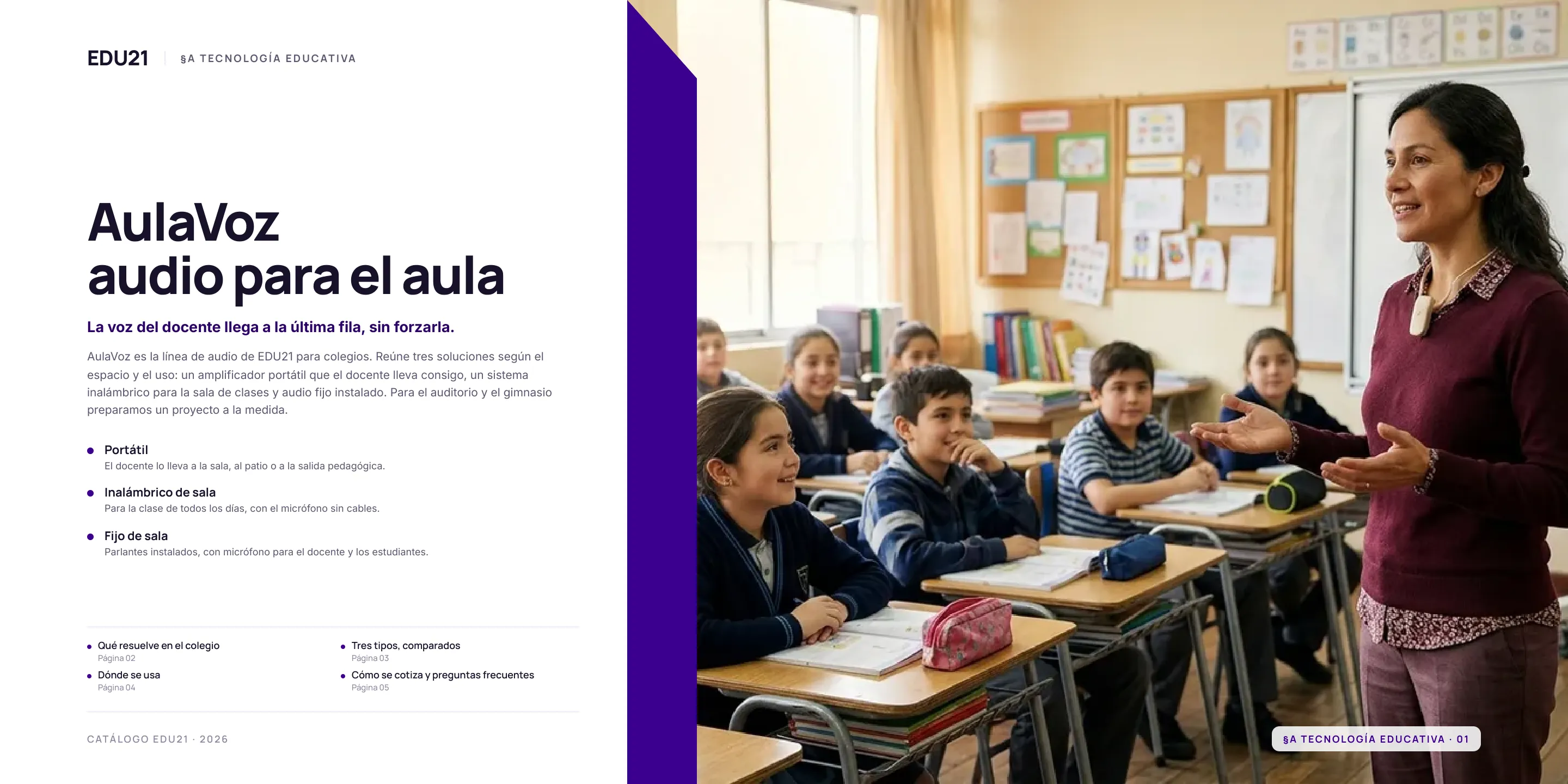 Plana 1 de la ficha de AulaVoz · audio para el aula: Portadilla. Qué es AulaVoz y sus tres tipos.