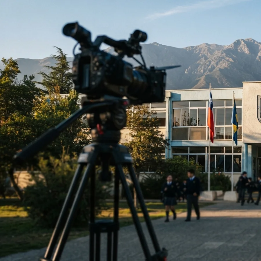 Cámara de video grabando la fachada de un colegio