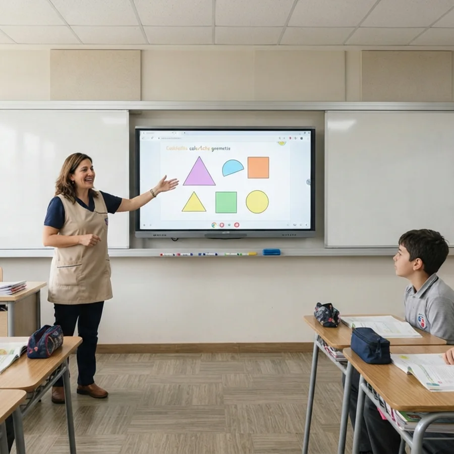 Profesora usando una pantalla interactiva EDU21 en una sala de clases