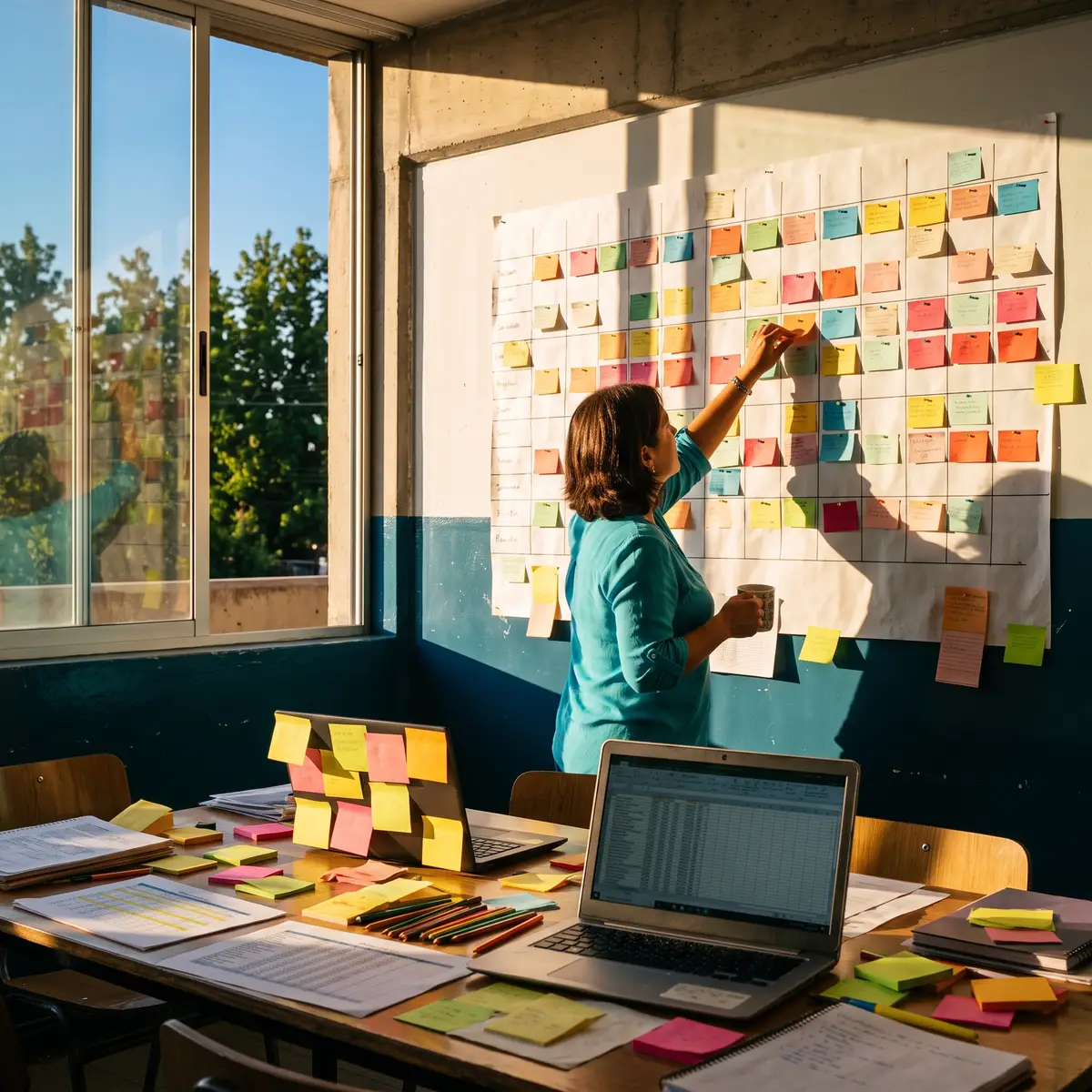 Una jefa de UTP arma el horario a mano con papeles de colores pegados en la pared de la sala, junto a un notebook con una planilla