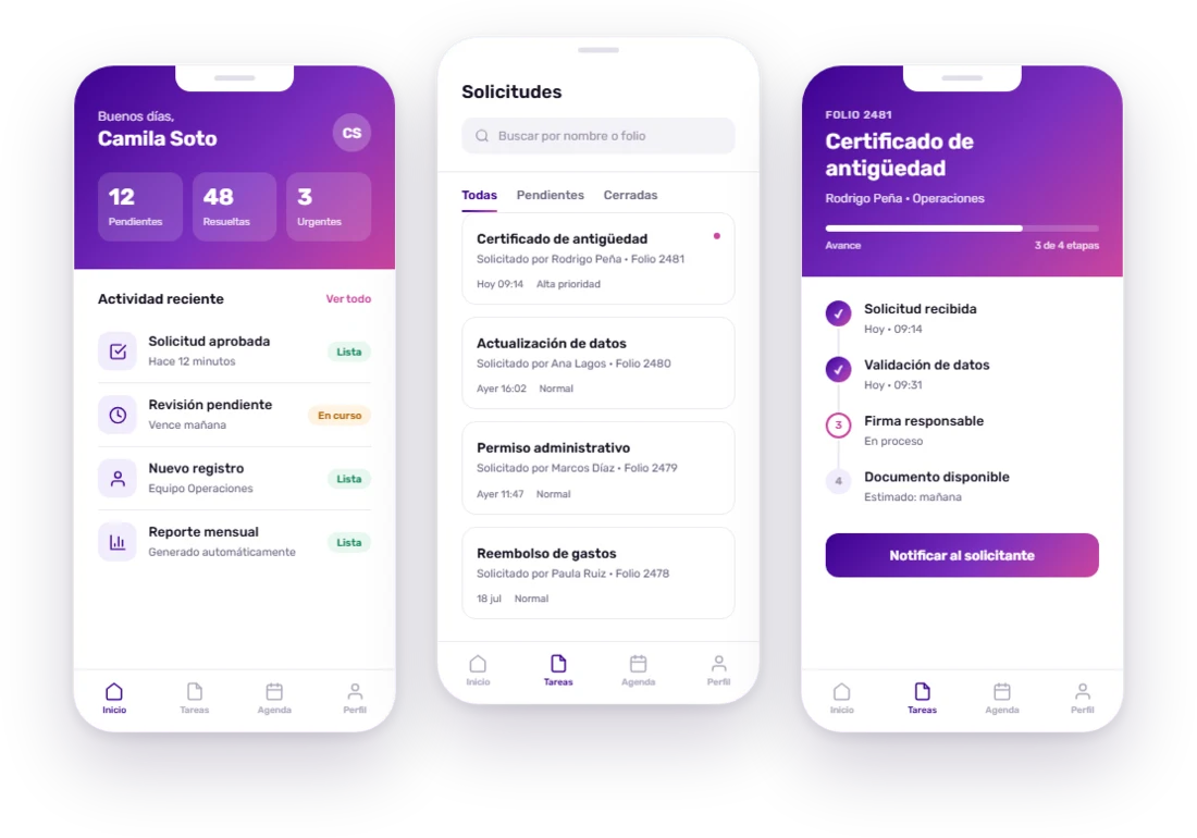 Pantallas de una aplicación móvil de gestión desarrollada por EDU21