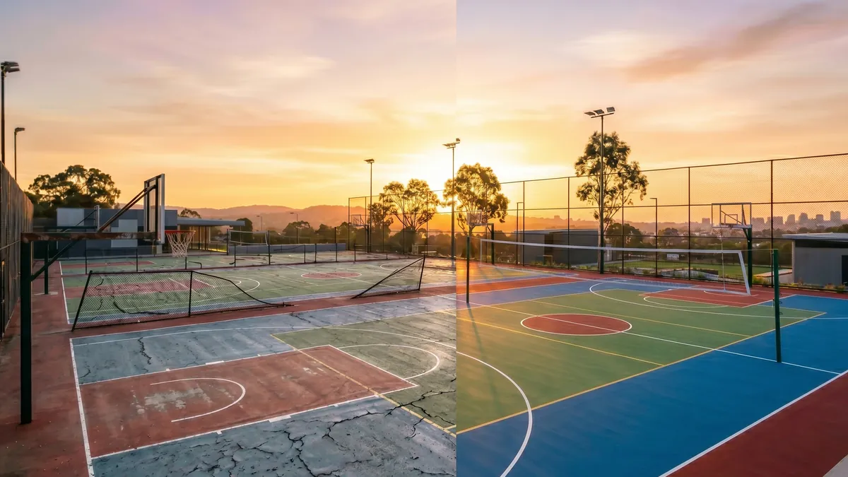 Comparación antes y después de pintar cancha deportiva escolar