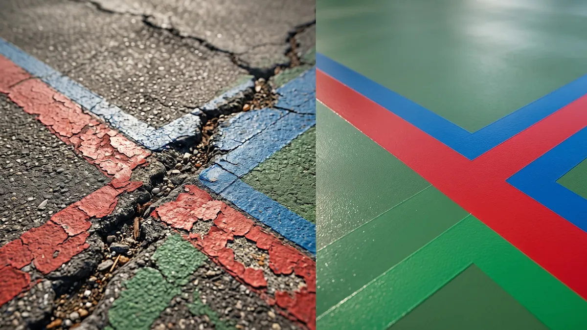 Antes y después de renovación de cancha multiuso de colegio