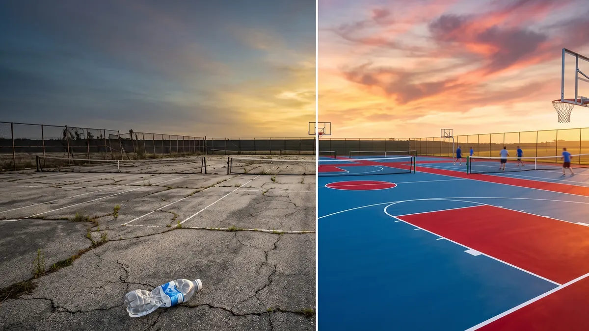 Cancha deportiva antes y después del servicio de pintado profesional