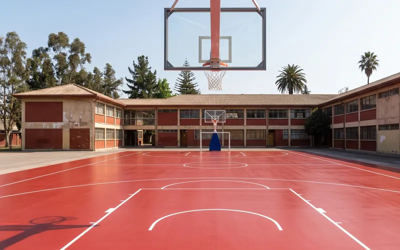 Cancha de básquetbol con aros y demarcación reglamentaria FIBA en colegio
