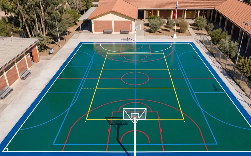 Cancha multiuso escolar chilena con líneas de varios deportes superpuestas