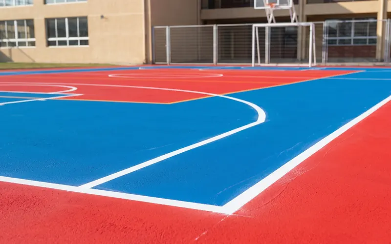 Cancha multiuso recién pintada con líneas demarcatorias FIBA en colores vibrantes