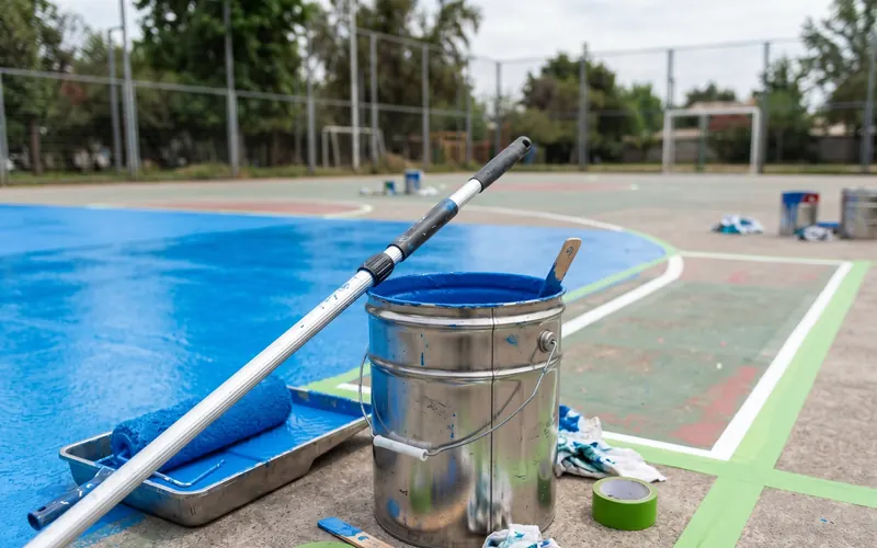 Profesional pintando cancha deportiva con equipo y rodillos