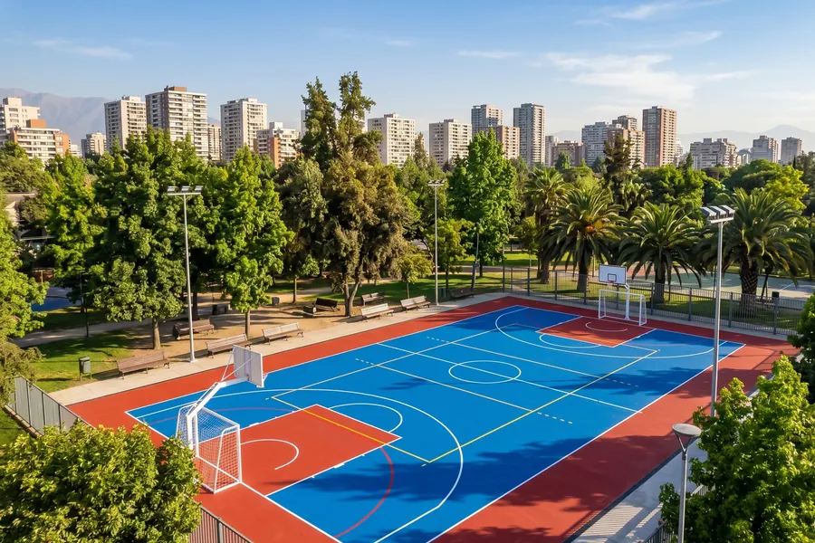 Multicancha en plaza municipal chilena con demarcación multideporte